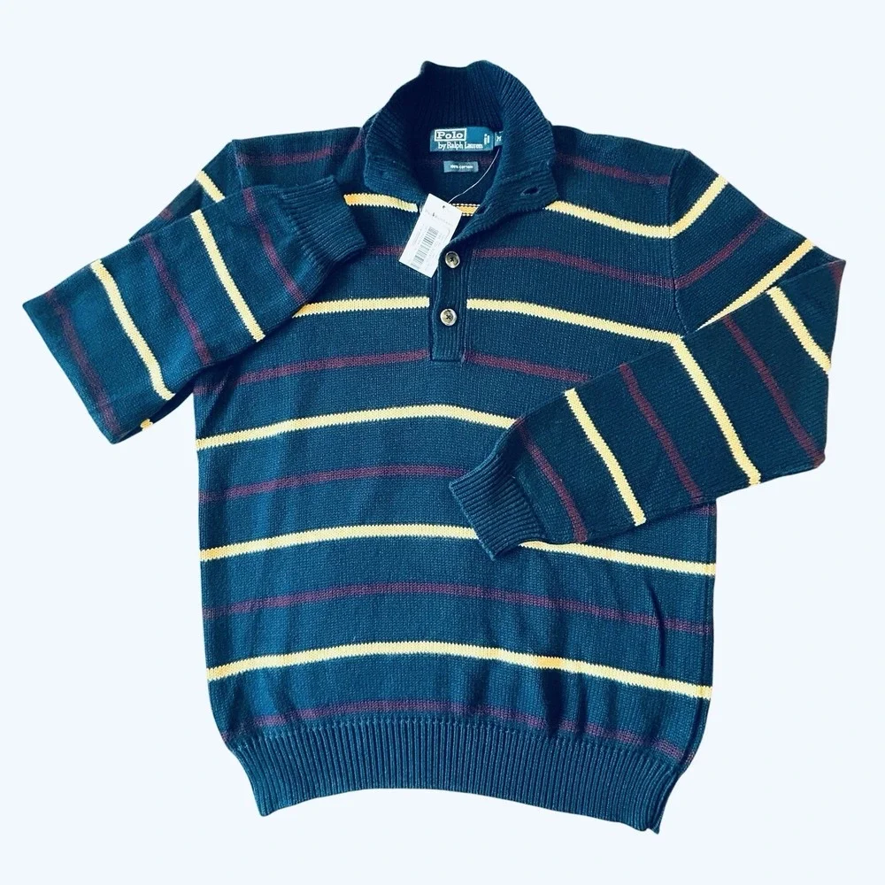 Polo Ralph Lauren Mens Medium Dark Teal Striped Mock Neck Cotton Sweater NWT